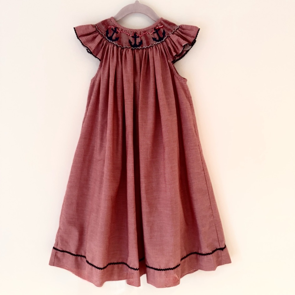 Vintage Silly Goose Red Gingham Smocked Dress with Embroidered Anchors, Sz 5 EUC